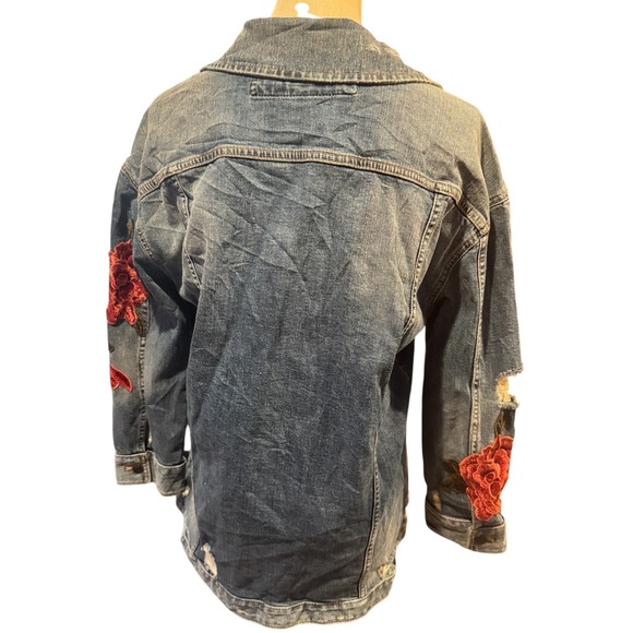 Express Jeans Blue Distressed Long Denim Jacket Red Rose Floral Embroidery Small - Picture 3 of 9